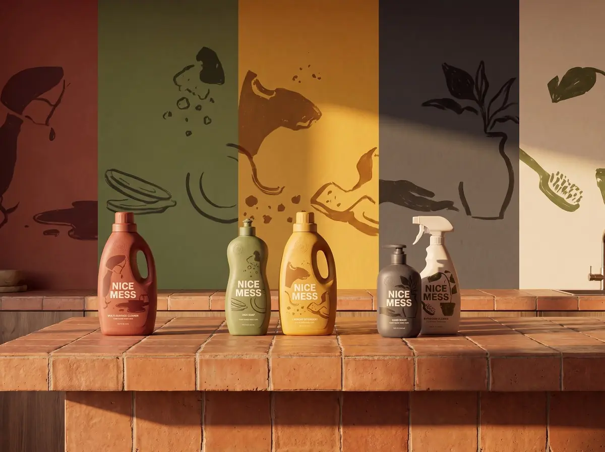 The five Nice Mess bottles on a terracotta tiled counter in front of painted colour-block walls