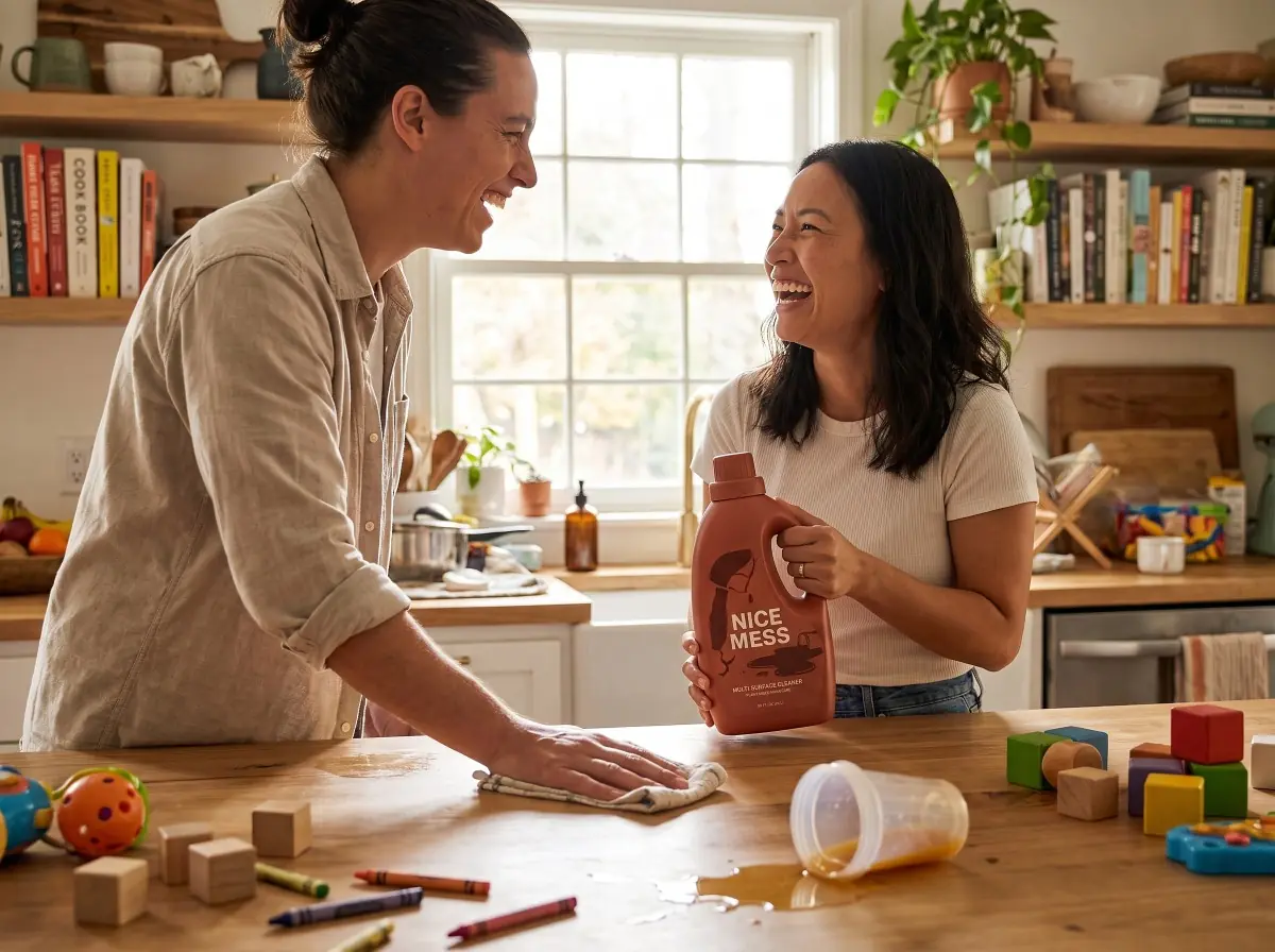 Two people laughing in a lived-in kitchen while wiping up a spilled cup