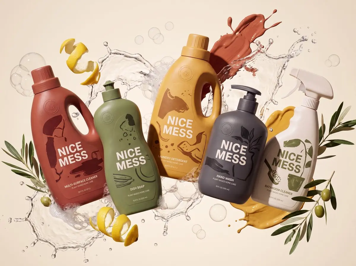 The five bottles floating with splashes of water, lemon peel and olive branches