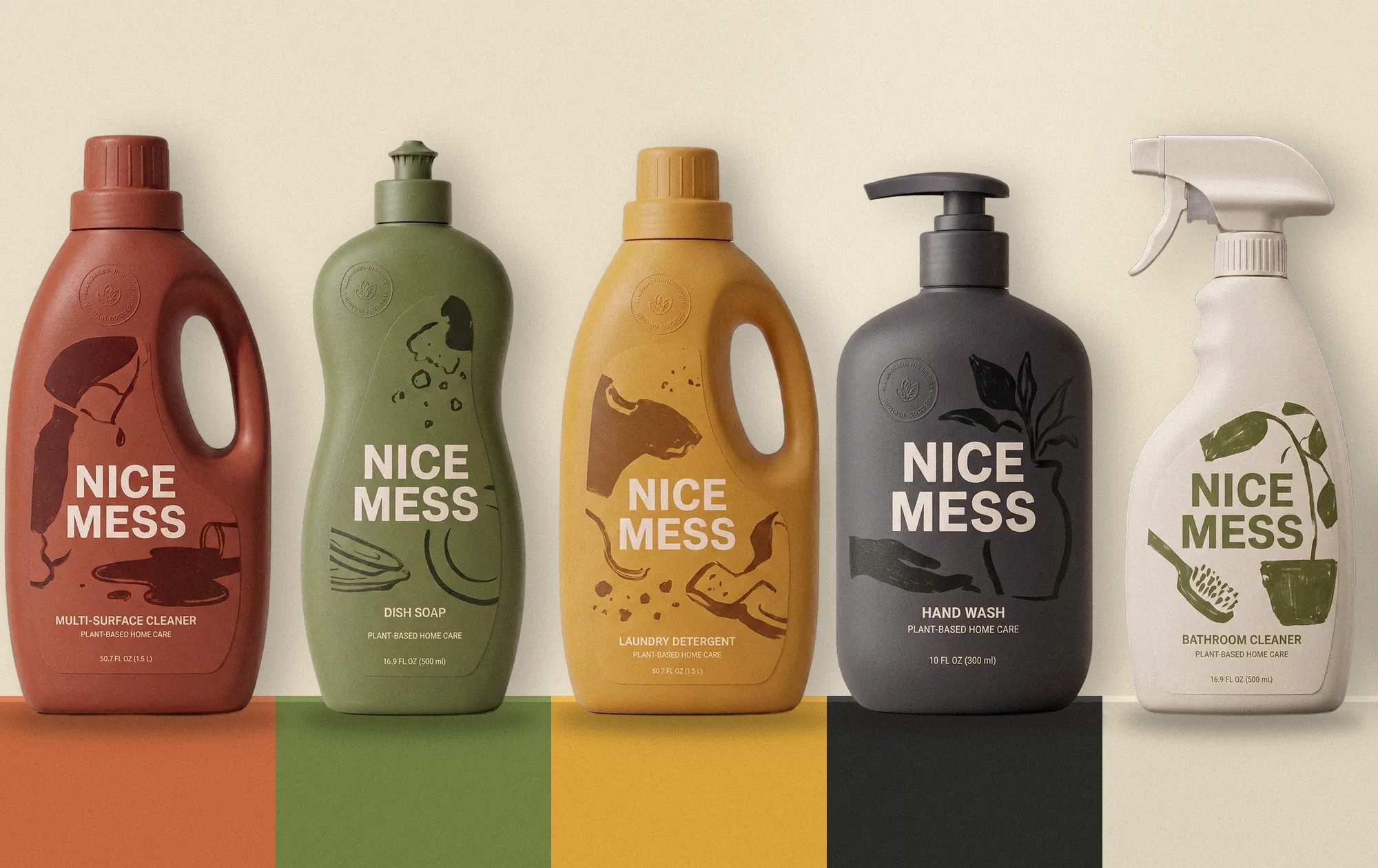 The five Nice Mess bottles in a row: terracotta Multi-Surface Cleaner, olive Dish Soap, mustard Laundry Detergent, charcoal Hand Wash and cream Bathroom Cleaner spray, on matching colour blocks (AI-generated render)