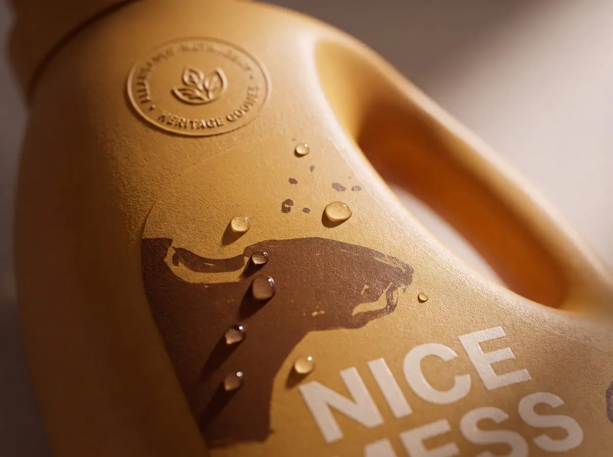 Macro of the matte mustard Laundry Detergent bottle with water droplets on the illustration