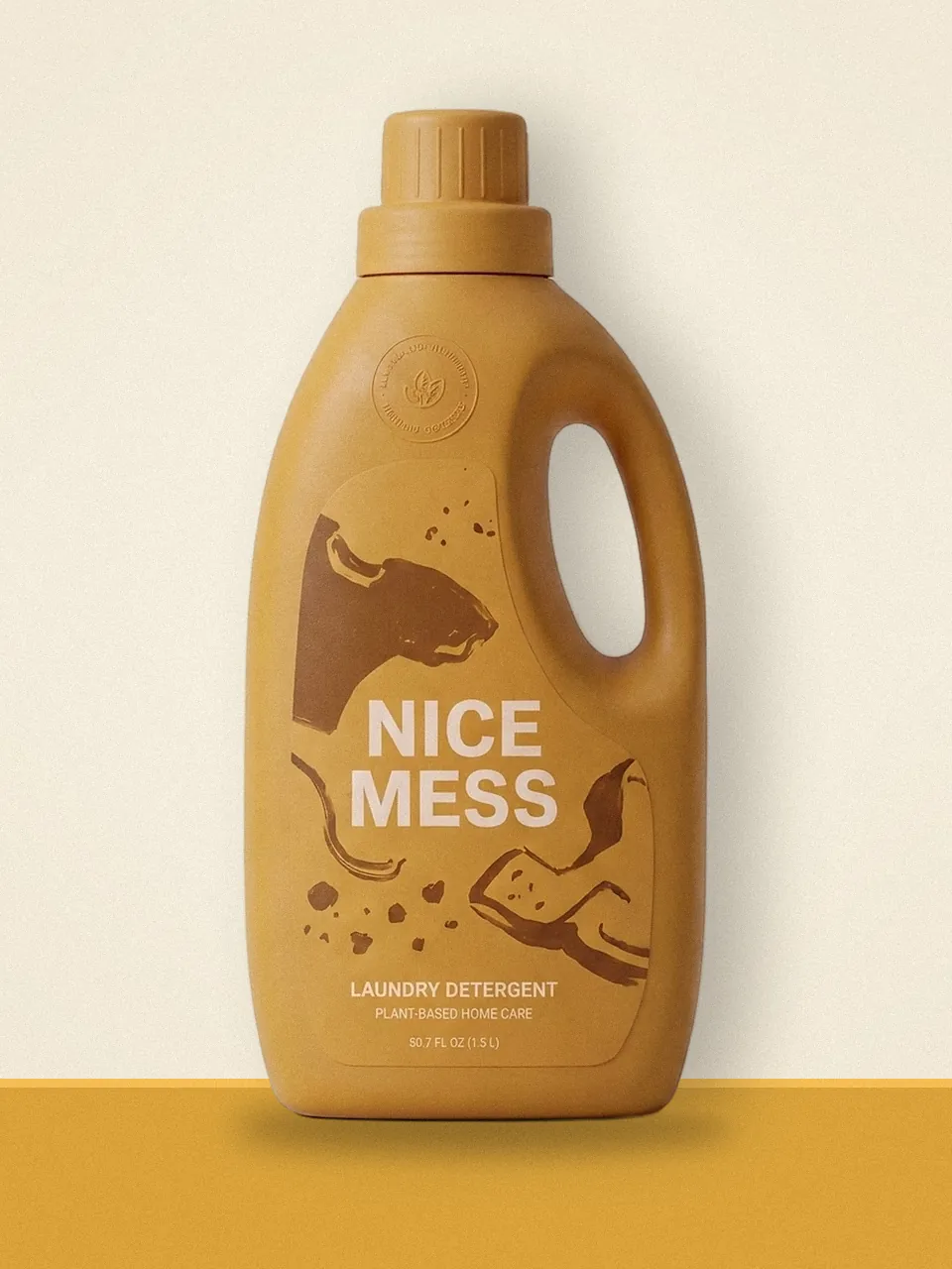 Mustard Nice Mess Laundry Detergent 1.5 L bottle on a colour-block shelf