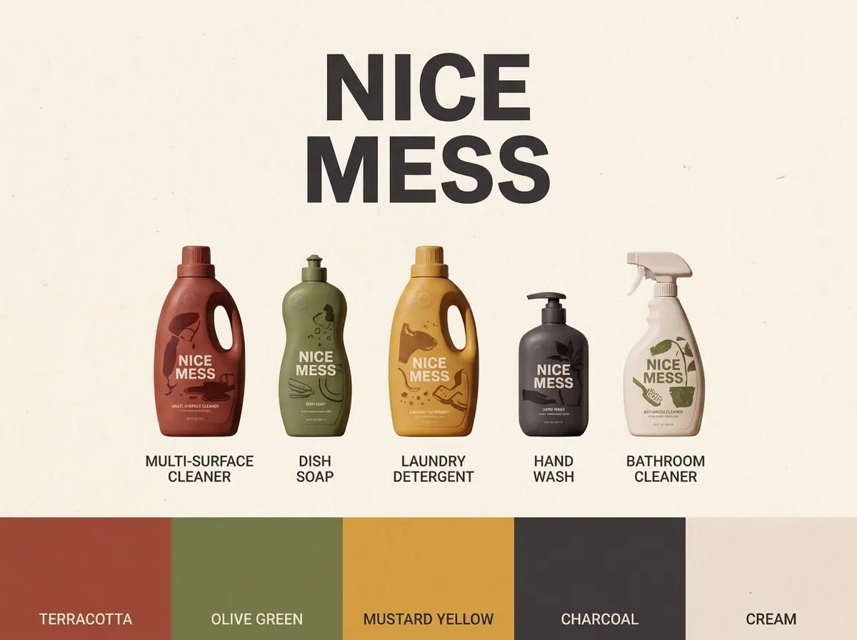 Nice Mess system board: the wordmark, the five bottles and the five colours